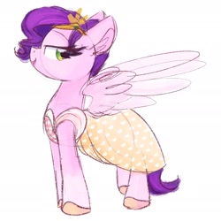 Size: 2040x2042 | Tagged: safe, artist:lbrcloud, imported from derpibooru, pipp petals, pegasus, pony, clothes, dress, female, g5, high res, lidded eyes, looking at you, mare, open mouth, open smile, profile, simple background, smiling, smiling at you, solo, spread wings, white background, wings