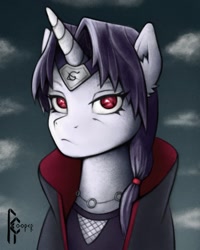 Size: 1620x2025 | Tagged: safe, artist:rcooper, imported from derpibooru, pony, unicorn, akatsuki, bust, ear fluff, fanart, headband, jewelry, male, naruto, necklace, ninja, ponified, sharingan, simple background, solo, uchiha itachi