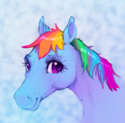 Size: 829x815 | Tagged: source needed, safe, artist:xbi, imported from derpibooru, rainbow dash, horse, pony, blue background, bust, female, hoers, mare, portrait, semi-realistic, simple background, solo
