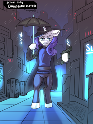 Size: 2000x2650 | Tagged: safe, artist:freak-side, imported from derpibooru, rarity, semi-anthro, unicorn, blade runner, city, clothes, crossover, gun, hat, jacket, pants, rain, solo, umbrella, weapon