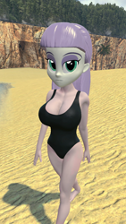 Size: 900x1600 | Tagged: safe, artist:oatmeal!, imported from derpibooru, maud pie, human, equestria girls, 3d, beach, big breasts, black swimsuit, breasts, busty maud pie, clothes, gmod, looking at you, neutral, one-piece swimsuit, sexy, solo, swimsuit, walking, wide hips
