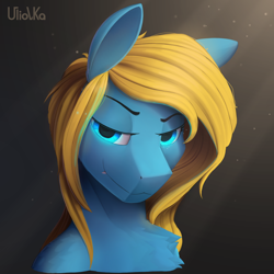 Size: 3000x3000 | Tagged: safe, artist:uliovka, imported from derpibooru, oc, oc only, oc:solaris spark, bat pony, bat pony oc, black background, bust, high res, looking at you, signature, simple background, smiling, smiling at you, solo