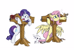 Size: 3300x2250 | Tagged: safe, artist:rutkotka, imported from derpibooru, angel bunny, fluttershy, rarity, bird, pegasus, pony, rabbit, unicorn, abuse, animal, bipedal, bondage, female, flutterbuse, food, frown, high res, horn, horn ring, lock, magic suppression, male, mare, music notes, open mouth, padlock, raribuse, ring, simple background, smiling, stocks, tomato, tongue out, unsexy bondage, violence, white background