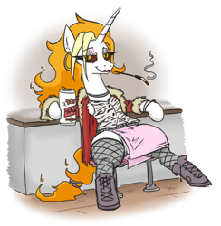 Size: 530x543 | Tagged: safe, artist:jargon scott, imported from derpibooru, oc, oc only, oc:dyx, alicorn, pony, alcohol, alicorn oc, beer, beer can, boots, cigarette, cigarette holder, clothes, eye clipping through hair, eyebrows, eyebrows visible through hair, female, fishnets, horn, jacket, looking at you, mare, shirt, shoes, sitting, smiling, smiling at you, smoking, solo