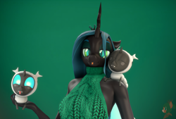 Size: 3192x2160 | Tagged: safe, artist:donglysfm, imported from derpibooru, queen chrysalis, anthro, changeling, changeling larva, changeling queen, nymph, 3d, :p, backless, canterlot wedding 10th anniversary, clothes, cute, cute little fangs, cuteling, fangs, female, high res, mommy chrissy, open-back sweater, revamped anthros, sleeveless sweater, source filmmaker, sweater, tongue out, virgin killer sweater, watermark