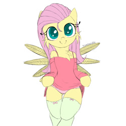 Size: 1080x1080 | Tagged: safe, artist:fajnyziomal, imported from derpibooru, fluttershy, pegasus, pony, semi-anthro, bipedal, cheek fluff, chest fluff, clothes, commission, panties, simple background, smiling, socks, solo, spread wings, stockings, thigh highs, underwear, white background, wings, your character here
