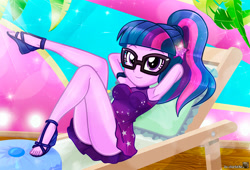 Size: 1193x812 | Tagged: safe, artist:charliexe, imported from derpibooru, sci-twi, twilight sparkle, human, equestria girls, adorasexy, armpits, ass, bare shoulders, beach chair, breasts, butt, chair, clothes, cute, dress, feet, female, glasses, high heels, legs, remake, sandals, schrödinger's pantsu, sexy, shoes, skirt, sleeveless, smiling, solo, twiabetes, twibutt, upskirt