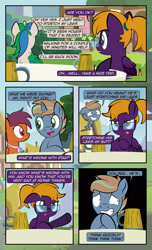 Size: 1920x3168 | Tagged: safe, artist:alexdti, imported from derpibooru, oc, oc only, oc:brainstorm (alexdti), oc:purple creativity, oc:star logic, oc:vee, pegasus, pony, unicorn, comic:quest for friendship, comic, crossed hooves, dialogue, eye contact, female, floppy ears, folded wings, glasses, grammar error, grin, high res, hooves, horn, looking at each other, looking at someone, male, mare, nervous, nervous grin, open mouth, open smile, outdoors, pegasus oc, pointing, ponytail, raised eyebrow, shrunken pupils, smiling, speech bubble, stallion, two toned mane, underhoof, unicorn oc, wings