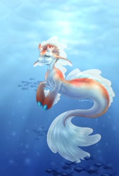 Size: 1181x1748 | Tagged: safe, artist:ink-katart, imported from derpibooru, oc, oc only, hybrid, merpony, seapony (g4), blue eyes, bubble, crepuscular rays, dorsal fin, fins, fish tail, flowing mane, flowing tail, gills, koi pony, lidded eyes, looking at you, mermay, ocean, signature, smiling, solo, sunlight, swimming, tail, underwater, water