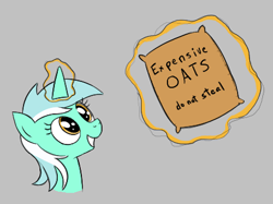 Size: 440x329 | Tagged: safe, imported from derpibooru, lyra heartstrings, pony, unicorn, aggie.io, do not steal, expensive imported oats, female, food, glowing, glowing horn, horn, l.u.l.s., magic, mare, oats, ponybooru import, simple background, smiling, stealing, telekinesis, that pony sure does love oats, thief