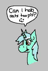 Size: 190x279 | Tagged: safe, lyra heartstrings, pony, unicorn, aggie.io, dialogue, female, food, lowres, mare, oats, simple background, smiling, speech bubble, talking