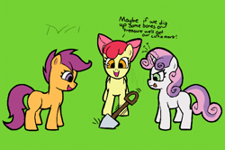 Size: 574x382 | Tagged: safe, apple bloom, scootaloo, sweetie belle, earth pony, pegasus, pony, unicorn, aggie.io, female, filly, grass, magic, mare, open mouth, shovel, smiling, tongue out