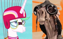 Size: 2048x1298 | Tagged: safe, edit, edited screencap, imported from derpibooru, screencap, princess celestia, alicorn, alien, between dark and dawn, bored, celestia is not amused, clothes, comparison, face, goggles, helmet, horn, jumpsuit, looking at you, sebulba, skydiving, star wars, unamused