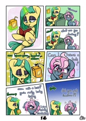 Size: 1800x2546 | Tagged: safe, artist:lou, oc, oc only, pony, unicorn, blushing, chair, comic, crying, female, juice, juice box, magic, mare, open mouth, sad, sitting, smiling, talking