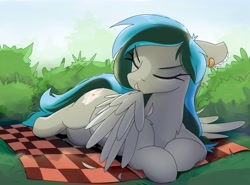 Size: 4096x3023 | Tagged: safe, artist:imadeus, oc, oc only, pegasus, pony, ear piercing, earring, eyes closed, female, grooming, jewelry, lying down, mare, picnic blanket, piercing, preening