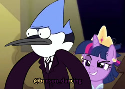 Size: 530x380 | Tagged: safe, imported from derpibooru, twilight sparkle, alicorn, bird, blue jay, pony, angry, clothes, crossover, crossover shipping, crown, dress, female, frown, jewelry, male, mare, messy mane, mordecai, mordetwi, necktie, regalia, regular show, shipping, smiling, straight, twilight sparkle (alicorn), youtube link