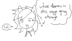 Size: 379x218 | Tagged: safe, artist:omelettepony, oc, oc only, oc:filly anon, earth pony, pony, earth pony oc, female, filly, lol, monochrome, neckerchief, no nose, open mouth, shitposting, simple background, speech bubble, text, thinking, vulgar, white background