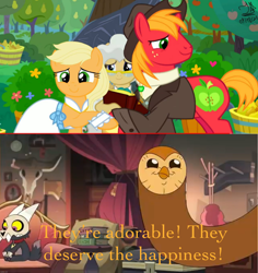 Size: 2044x2168 | Tagged: safe, edit, edited screencap, imported from derpibooru, screencap, applejack, big macintosh, mayor mare, apple, apple tree, applecest, applemac, female, food, hooty the owl, incest, intertwined trees, male, meme, pear tree, shipping, straight, the owl house, tree