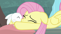 Size: 1920x1080 | Tagged: safe, imported from derpibooru, screencap, angel bunny, fluttershy, earth pony, pegasus, pony, season 9, she talks to angel, spoiler:s09, duo, eyes closed, female, hug, male, mare