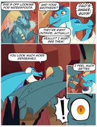 Size: 857x1120 | Tagged: safe, artist:queencold, imported from derpibooru, dragon lord torch, princess ember, dragon, comic:awaken, cave, comic, dragon lord ember, dragoness, female, male, shocked, speech bubble, water