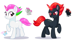 Size: 2140x1204 | Tagged: safe, artist:rainbow eevee, imported from derpibooru, unicorn, adopt me!, animal in mlp form, base used, colored pupils, duo, evil unicorn, eyelashes, glowing, glowing eyes, glowing horn, horn, multicolored mane, no cutie marks because im lazy, pink eyes, red eyes, red mane, roblox, simple background, transparent background