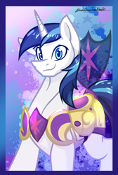 Size: 1000x1485 | Tagged: safe, artist:slightningdash, imported from derpibooru, shining armor, pony, unicorn, armor, bust, canterlot wedding 10th anniversary, looking at you, male, portrait, shiny, smiling, smiling at you, solo, stallion