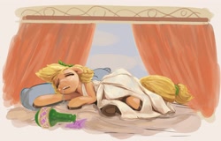 Size: 3120x1993 | Tagged: safe, artist:applephil, imported from derpibooru, applejack, earth pony, pony, alcohol, alternate hairstyle, bed, clothes, drool, drunk, drunk aj, female, lying down, majestic as fuck, mare, on side, solo, toga, underhoof, wine