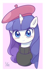 Size: 863x1361 | Tagged: safe, artist:auntie_grub, imported from derpibooru, rarity, pony, unicorn, beatnik rarity, beret, blue eyes, blushing, bust, clothes, cute, eyebrows, eyebrows visible through hair, female, hat, horn, looking at you, mare, passepartout, pink background, raribetes, simple background, smiling, smiling at you, solo, sweater, turtleneck, white background