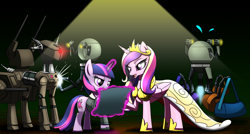 Size: 2791x1493 | Tagged: safe, artist:questionmarkdragon, imported from derpibooru, princess cadance, twilight sparkle, alicorn, pony, unicorn, fallout equestria, assaultron, duo, duo female, fallout, female, glowing, glowing horn, high res, horn, levitation, magic, magic aura, mare, mister gutsy, mister handy, open mouth, sisters-in-law, telekinesis, unicorn twilight