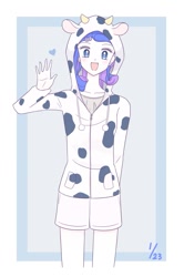 Size: 977x1471 | Tagged: safe, artist:auntie_grub, imported from derpibooru, rarity, human, equestria girls, animal costume, clothes, costume, cow costume, cowprint, female, heart, hoodie, looking at you, open mouth, open smile, raricow, simple background, smiling, smiling at you, solo, waving, waving at you, white background