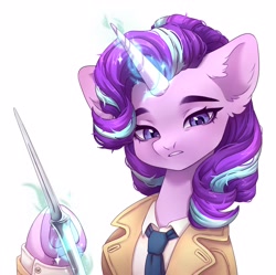 Size: 3016x3000 | Tagged: safe, artist:konejo, imported from derpibooru, starlight glimmer, pony, unicorn, castiel, clothes, coat, collaboration, collaboration:choose your starlight, eyebrows, female, frown, glowing, glowing horn, high res, horn, knife, magic, magic aura, mare, necktie, shirt, simple background, solo, supernatural, teeth, telekinesis, weapon, white background