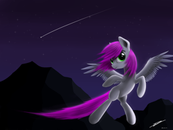 Size: 3200x2400 | Tagged: safe, artist:av-4, imported from derpibooru, oc, oc only, unnamed oc, pegasus, pony, female, flying, grin, high res, looking at you, mare, night, pegasus oc, shooting star, signature, smiling, smiling at you, solo, spread wings, stars, wings