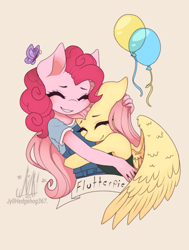 Size: 896x1188 | Tagged: safe, artist:jyllhedgehog367, imported from derpibooru, fluttershy, pinkie pie, anthro, butterfly, earth pony, pegasus, balloon, duo, eyes closed, female, flutterpie, hug, lesbian, shipping, simple background