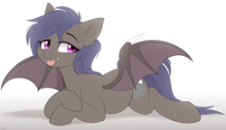 Size: 1100x633 | Tagged: safe, artist:higgly-chan, imported from derpibooru, oc, oc only, oc:night skies, bat pony, pony, :p, bat pony oc, female, lying down, prone, solo, tongue out