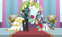 Size: 1327x788 | Tagged: safe, artist:star_theft, imported from derpibooru, queen chrysalis, oc, oc:cobalt comet, bat pony, changeling, hippogriff, annoyed, bouquet, canterlot, canterlot wedding 10th anniversary, cheese, clothes, colored sketch, dress, excited, female, flower, food, funny, happy, humor, insect wings, marriage, sketch, uniform, wedding, wedding dress, wedding veil, wings