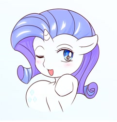 Size: 689x715 | Tagged: safe, artist:auntie_grub, imported from derpibooru, rarity, pony, unicorn, female, horn, looking at you, mare, one eye closed, open mouth, open smile, raised hoof, simple background, smiling, smiling at you, solo, wink, winking at you