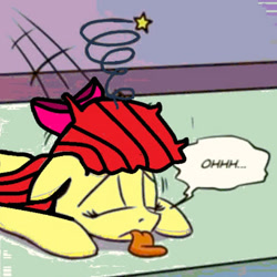 Size: 486x486 | Tagged: safe, artist:pony-berserker edits, edit, editor:pagiepoppie12345, imported from derpibooru, apple bloom, earth pony, pony, bow, dizzy, eyes closed, fainted, female, filly, foal, hair bow, mare, speech bubble, stars, text, tongue out