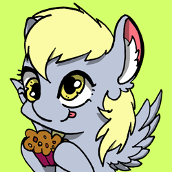 Size: 1951x1951 | Tagged: safe, artist:rainbowwing, imported from derpibooru, derpy hooves, pegasus, pony, :3, derp, ear fluff, female, food, green background, hoof hold, mare, mlp fim's twelfth anniversary, muffin, rainbowwing is trying to murder us, simple background, solo, spread wings, tongue out, wings