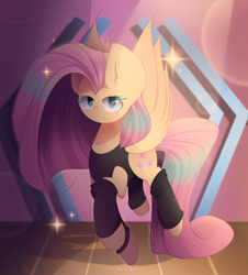 Size: 2400x2650 | Tagged: safe, artist:miryelis, imported from derpibooru, fluttershy, butterfly, pegasus, pony, bodysuit, clothes, fanart, female, flying, full body, long hair, looking at you, signature, solo, sparkles, stage, stockings, thigh highs, wings