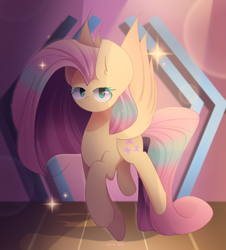 Size: 2400x2650 | Tagged: safe, alternate version, artist:miryelis, imported from derpibooru, fluttershy, butterfly, pegasus, pony, cute, daaaaaaaaaaaw, fanart, female, flying, full body, long hair, looking at you, shyabetes, solo, sparkles, stage, wings