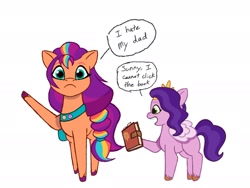 Size: 1978x1491 | Tagged: safe, artist:allisonpopick, edit, edited screencap, imported from derpibooru, screencap, pipp petals, sunny starscout, earth pony, pegasus, pony, book, boomer humor, duo, duo female, female, g5, implied argyle starshine, mare, my little pony: tell your tale, pipp is short, raised leg, simple background, white background