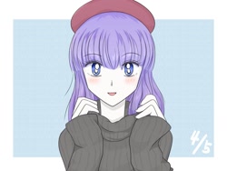 Size: 1805x1360 | Tagged: safe, artist:auntie_grub, imported from derpibooru, rarity, human, equestria girls, beatnik rarity, beret, blushing, clothes, cute, female, hat, looking at you, open mouth, open smile, raribetes, simple background, smiling, smiling at you, solo, sweater, white background