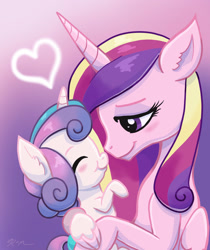 Size: 1280x1521 | Tagged: safe, artist:catscratchpaper, imported from derpibooru, princess cadance, princess flurry heart, alicorn, pony, baby, baby pony, duo, duo female, eyes closed, female, gradient background, heart, mare, mother and child, mother and daughter, mother's day