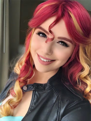 Size: 901x1200 | Tagged: safe, artist:maddymoiselle, edit, editor:sammykun, imported from derpibooru, sunset shimmer, human, equestria girls, beautiful, bust, clothes, eyelashes, faceapp, female, focus, hair, humanized, irl, irl human, jacket, leather jacket, lipstick, makeup, photo, photography, portrait, redhead, smiling, solo, wig, woman, young