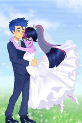Size: 677x1022 | Tagged: safe, artist:laflashlightshipper, imported from derpibooru, flash sentry, sci-twi, twilight sparkle, human, equestria girls, clothes, dress, duo, duo male and female, female, flashlight, hug, male, marriage, open mouth, open smile, sciflash, shipping, signature, smiling, straight, wedding, wedding dress