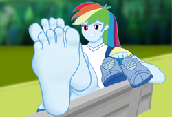 Size: 1980x1344 | Tagged: safe, artist:greenboy270, imported from derpibooru, rainbow dash, human, equestria girls, barefoot, bedroom eyes, clothes, feet, fetish, foot fetish, foot focus, grin, looking at you, sexy, shoes, shoes removed, smiling, soles, toes