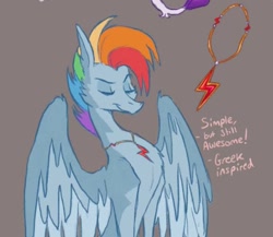 Size: 784x680 | Tagged: safe, artist:heebiejeebies, imported from derpibooru, part of a set, rainbow dash, pegasus, pony, alternate design, alternate hairstyle, element of loyalty, eyes closed, gray background, jewelry, necklace, partially open wings, redesign, short mane, simple background, slim, smug, solo, thin, wings