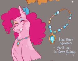 Size: 940x733 | Tagged: safe, artist:heebiejeebies, imported from derpibooru, part of a set, pinkie pie, earth pony, pony, alternate design, bow, coat markings, element of laughter, eyes closed, gray background, grin, hair bow, jewelry, makeup, necklace, redesign, simple background, smiling, solo