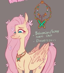 Size: 637x730 | Tagged: safe, artist:heebiejeebies, imported from derpibooru, part of a set, fluttershy, pegasus, pony, alternate design, colored wings, element of kindness, flower, flower in hair, flower in tail, gradient wings, gray background, jewelry, necklace, partially open wings, redesign, simple background, solo, tail, wings