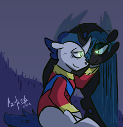 Size: 1750x1800 | Tagged: safe, artist:azulejo, imported from derpibooru, queen chrysalis, shining armor, changeling, changeling queen, pony, unicorn, canterlot wedding 10th anniversary, female, glowing, glowing eyes, looking at each other, looking at someone, male, mind control, stallion, straight